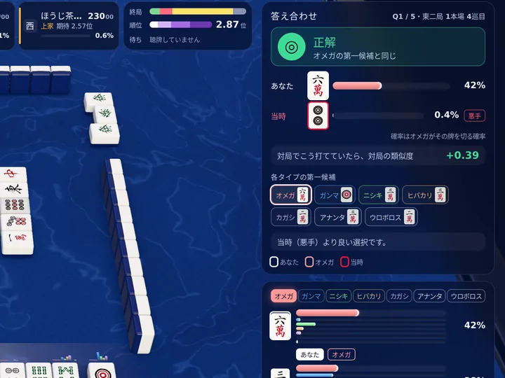 答え合わせ: 選んだ牌をNAGAの考えとすぐ比べる